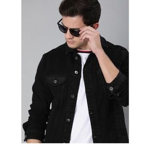 NWOT MEN BLACK SOLID DENIM JACKET Cotton